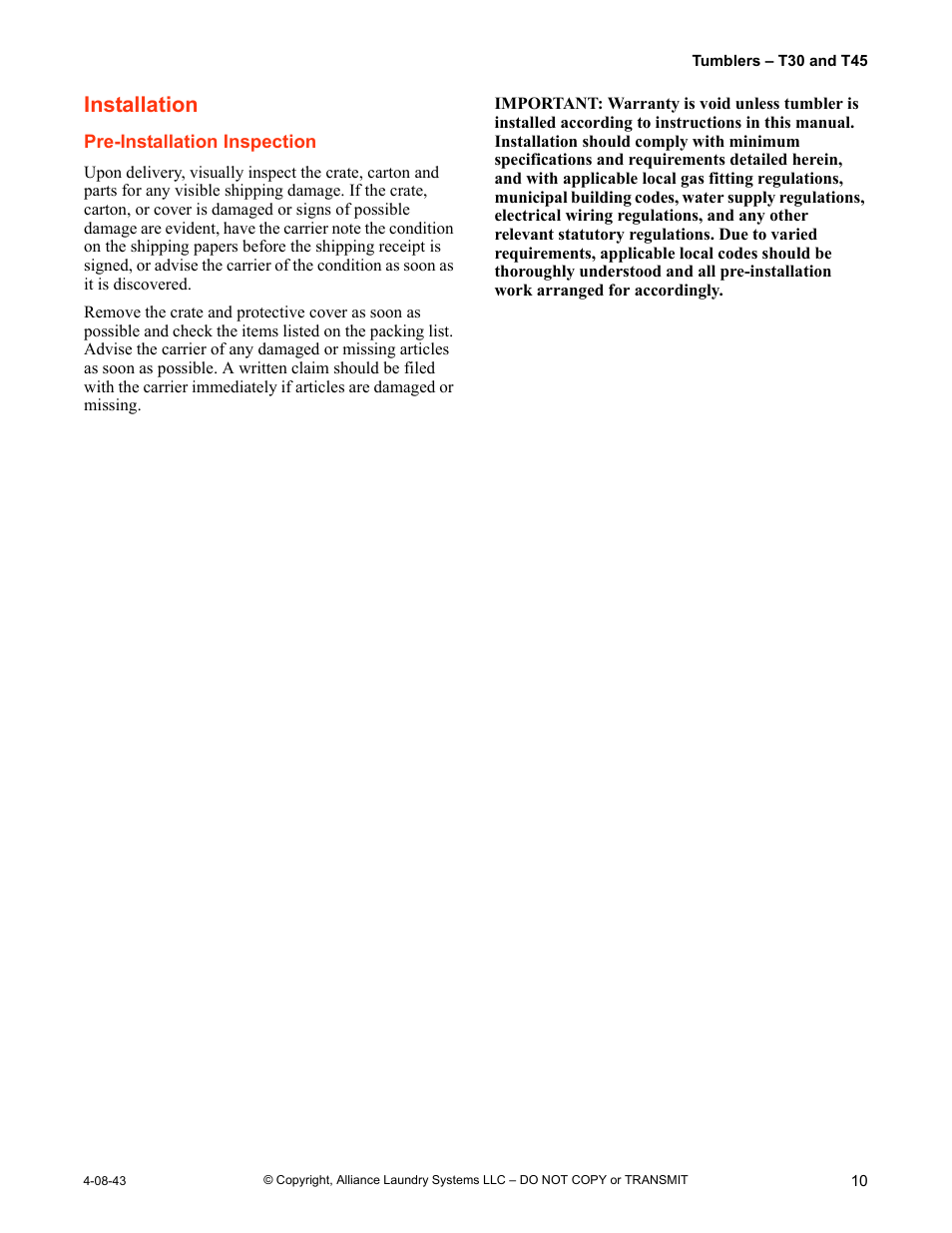 Installation, Pre-installation inspection | IPSO T30 User Manual | Page 11 / 21