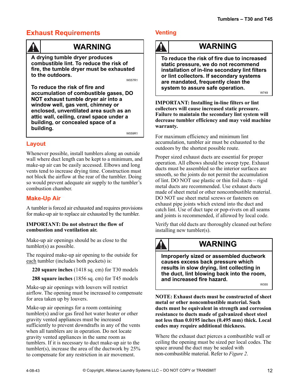 Exhaust requirements, Layout make-up air venting, Warning | IPSO T30 User Manual | Page 13 / 21