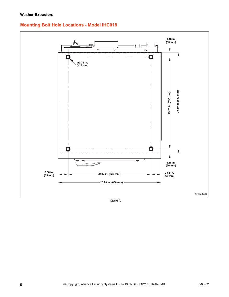 Mounting bolt hole locations - model ihc018, Washer-extractors, Figure 5 | IPSO IHC WASHER-EXTRACTORS IHC030 User Manual | Page 10 / 24