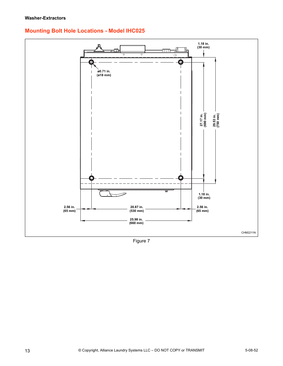 Mounting bolt hole locations - model ihc025, Washer-extractors, Figure 7 | IPSO IHC WASHER-EXTRACTORS IHC030 User Manual | Page 14 / 24