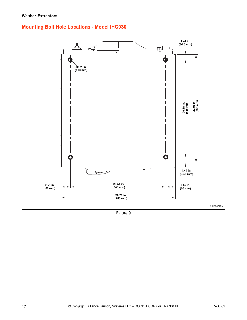 Mounting bolt hole locations - model ihc030, Washer-extractors, Figure 9 | IPSO IHC WASHER-EXTRACTORS IHC030 User Manual | Page 18 / 24
