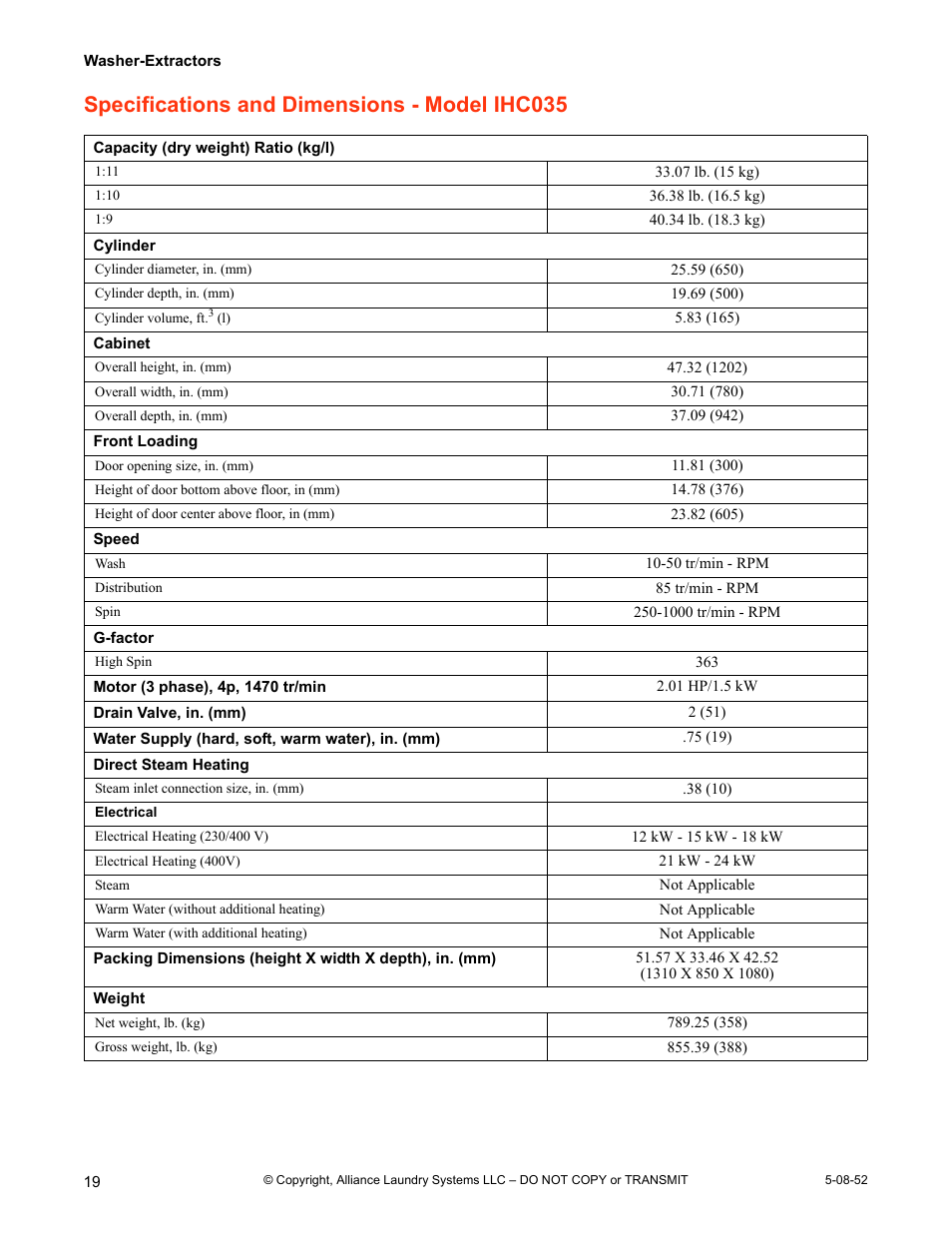 Specifications and dimensions - model ihc035 | IPSO IHC WASHER-EXTRACTORS IHC030 User Manual | Page 20 / 24