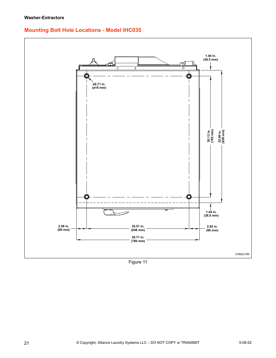Mounting bolt hole locations - model ihc035, Washer-extractors, Figure 11 | IPSO IHC WASHER-EXTRACTORS IHC030 User Manual | Page 22 / 24