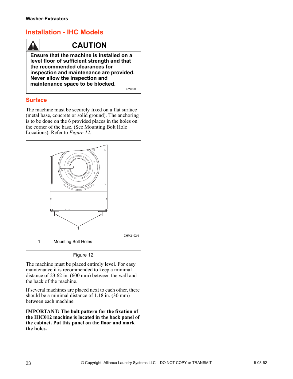Installation - ihc models, Caution | IPSO IHC WASHER-EXTRACTORS IHC030 User Manual | Page 24 / 24