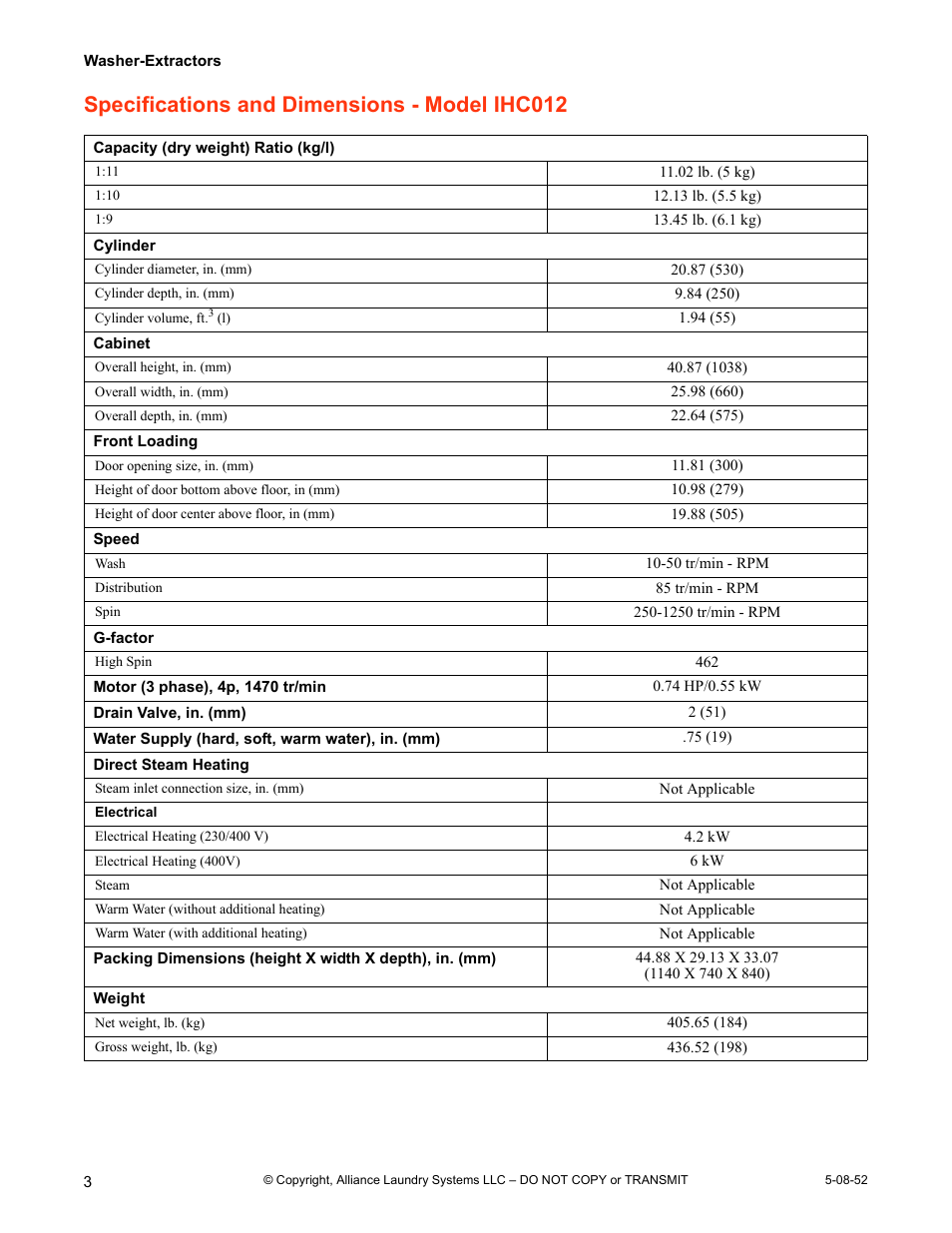 Specifications and dimensions - model ihc012 | IPSO IHC WASHER-EXTRACTORS IHC030 User Manual | Page 4 / 24