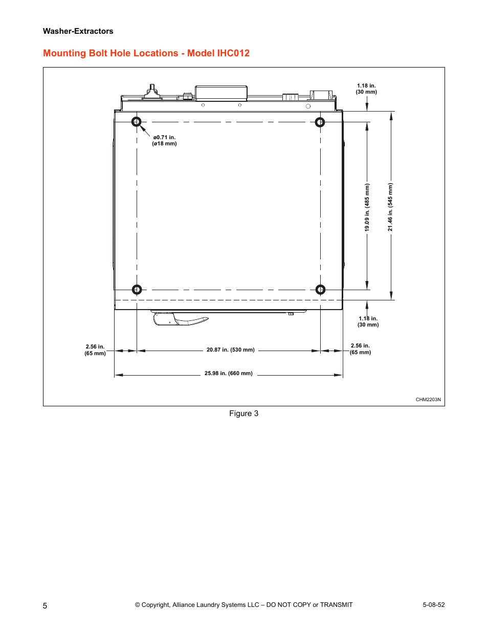 Mounting bolt hole locations - model ihc012, Washer-extractors, Figure 3 | IPSO IHC WASHER-EXTRACTORS IHC030 User Manual | Page 6 / 24