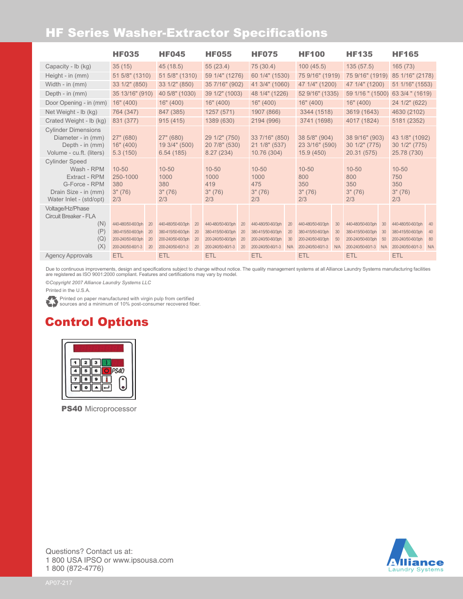 Hf series washer-extractor specifications, Control options | IPSO HF075 User Manual | Page 2 / 2