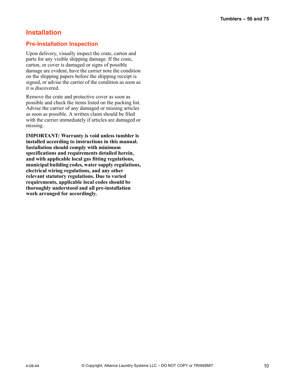 Installation, Pre-installation inspection | IPSO TMB795C User Manual | Page 11 / 21