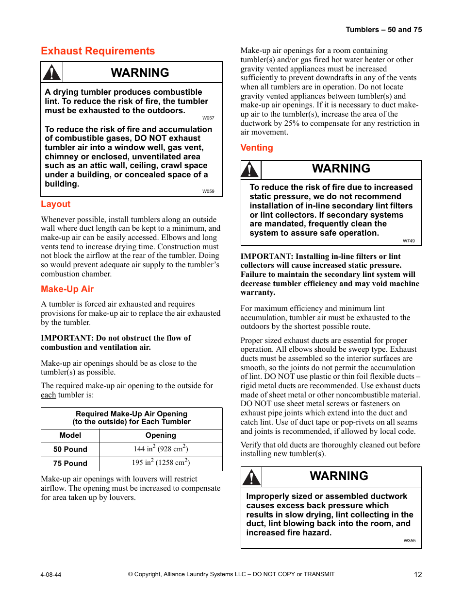 Exhaust requirements, Layout make-up air venting, Warning | IPSO TMB795C User Manual | Page 13 / 21