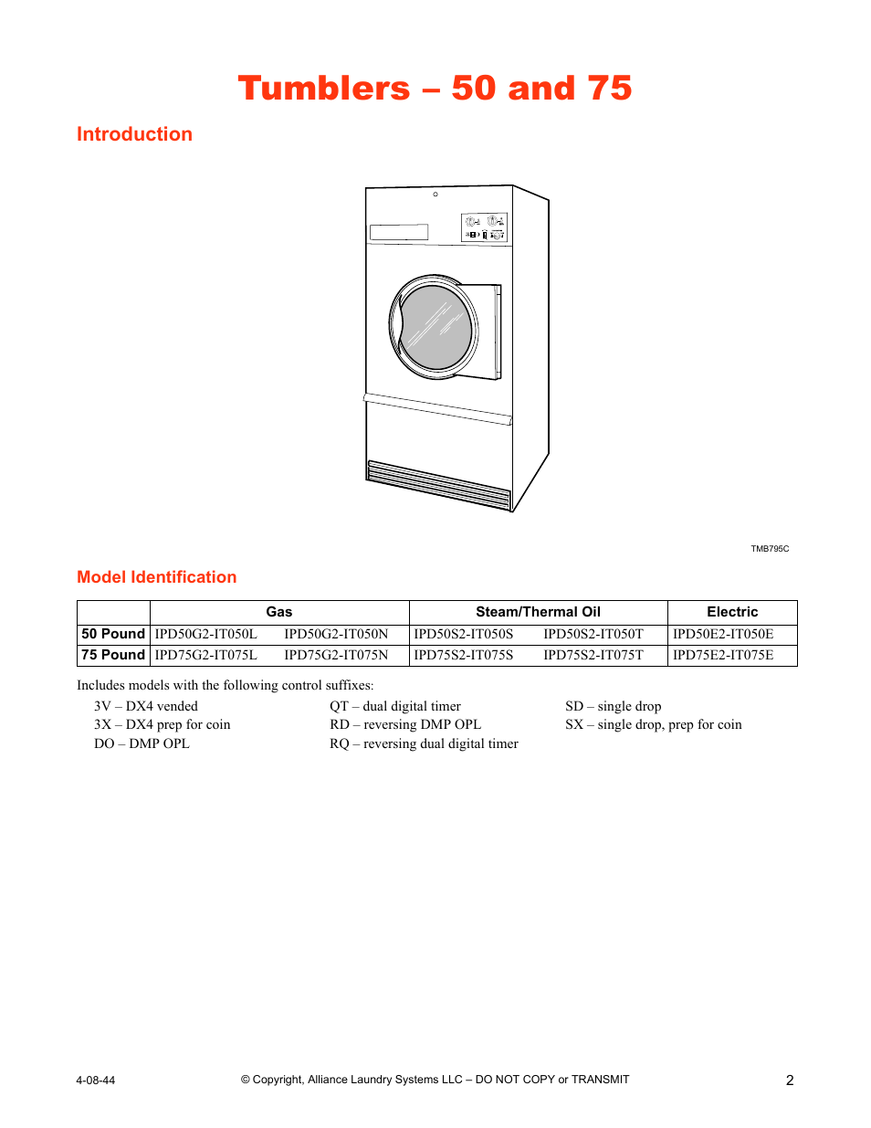 Tumblers – 50 and 75, Introduction, Model identification | IPSO TMB795C User Manual | Page 3 / 21