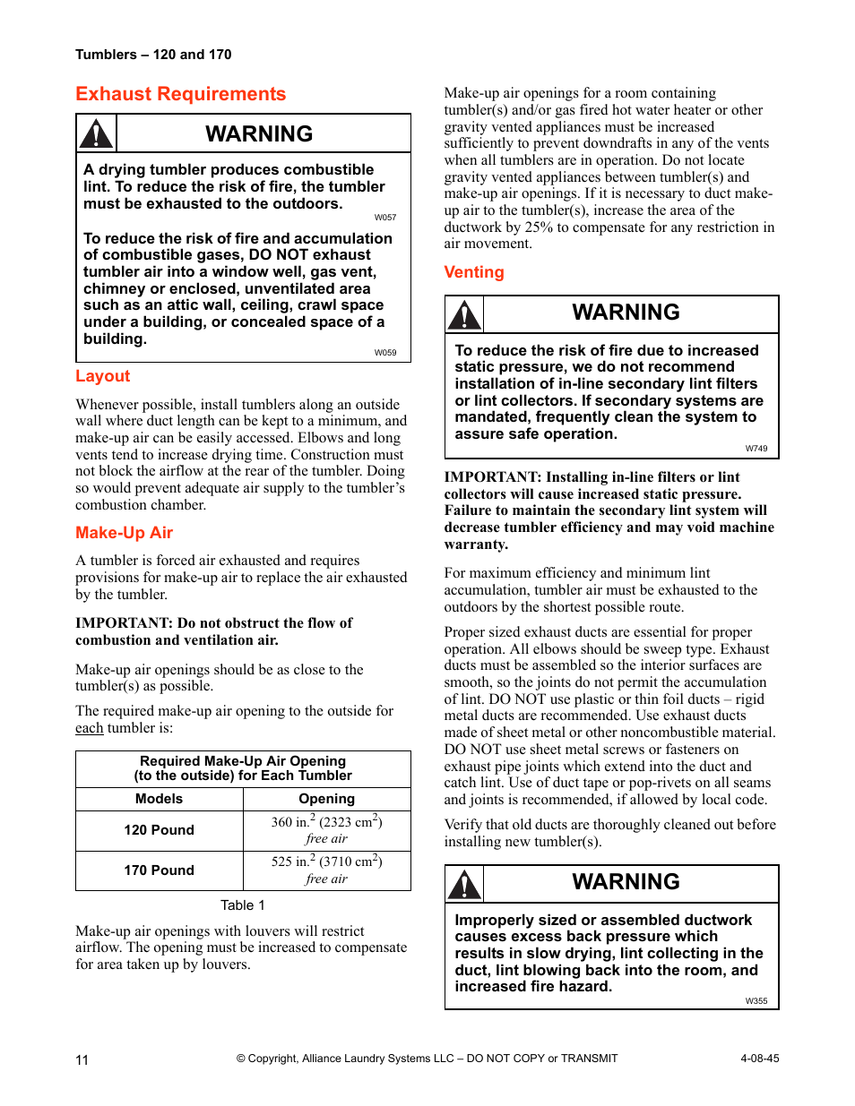Exhaust requirements, Layout make-up air venting, Warning | IPSO 120 User Manual | Page 12 / 18