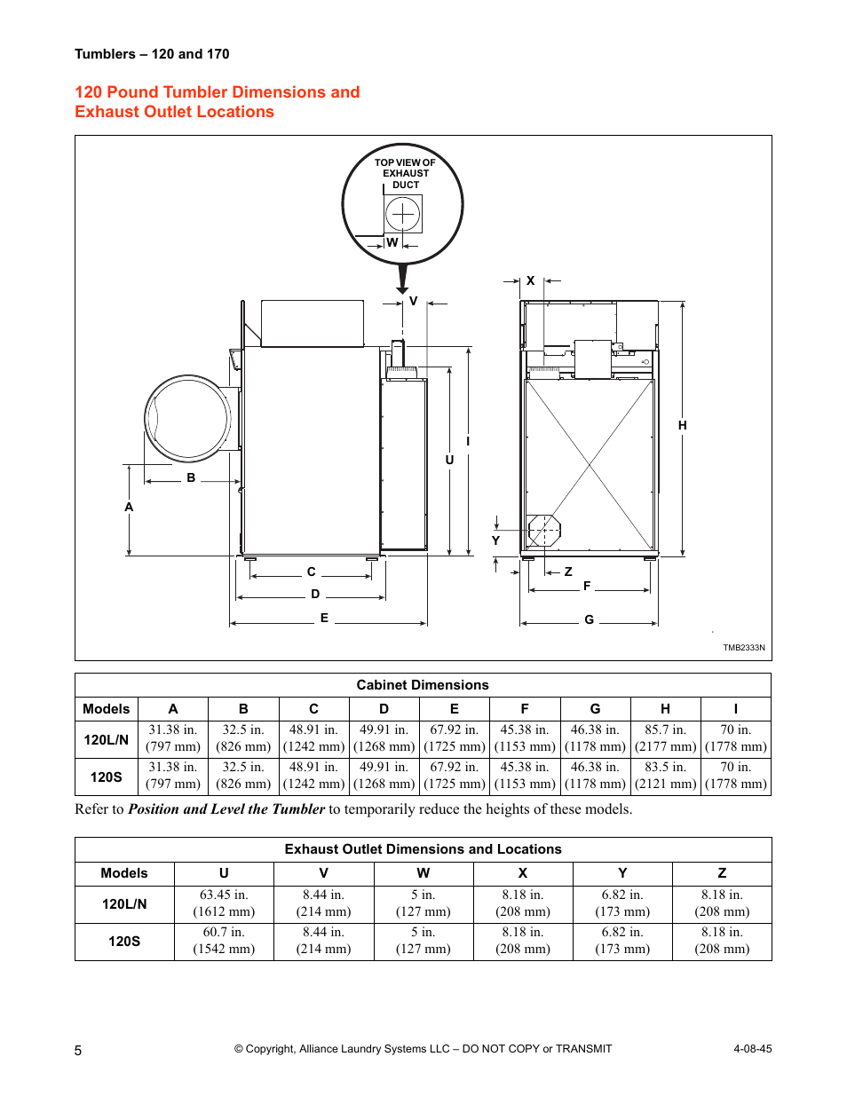 120 pound tumbler dimensions and, Exhaust outlet locations | IPSO 120 User Manual | Page 6 / 18