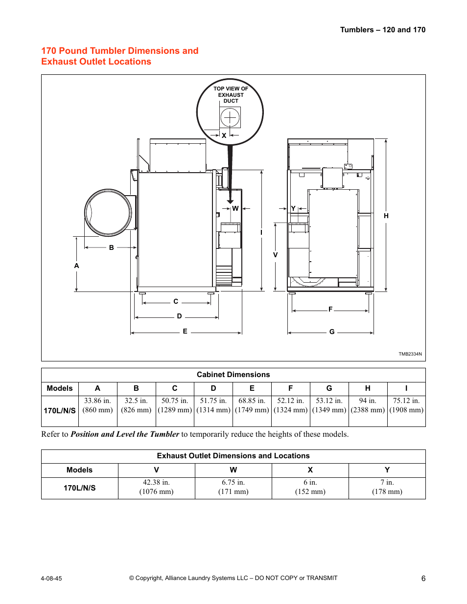 170 pound tumbler dimensions and, Exhaust outlet locations | IPSO 120 User Manual | Page 7 / 18