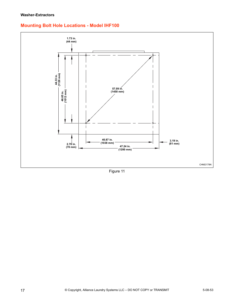 Mounting bolt hole locations - model ihf100, Washer-extractors, Figure 11 | IPSO CHM2172N User Manual | Page 18 / 26