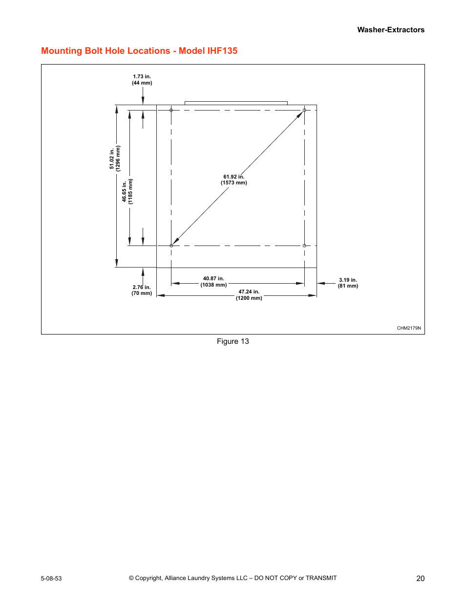 Mounting bolt hole locations - model ihf135, Washer-extractors 20, Figure 13 | IPSO CHM2172N User Manual | Page 21 / 26