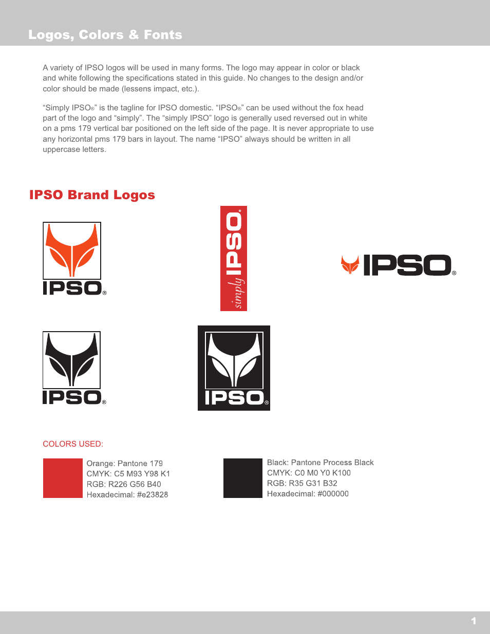 Ipso brand logos, Logos, colors & fonts | IPSO Washer User Manual | Page 3 / 8