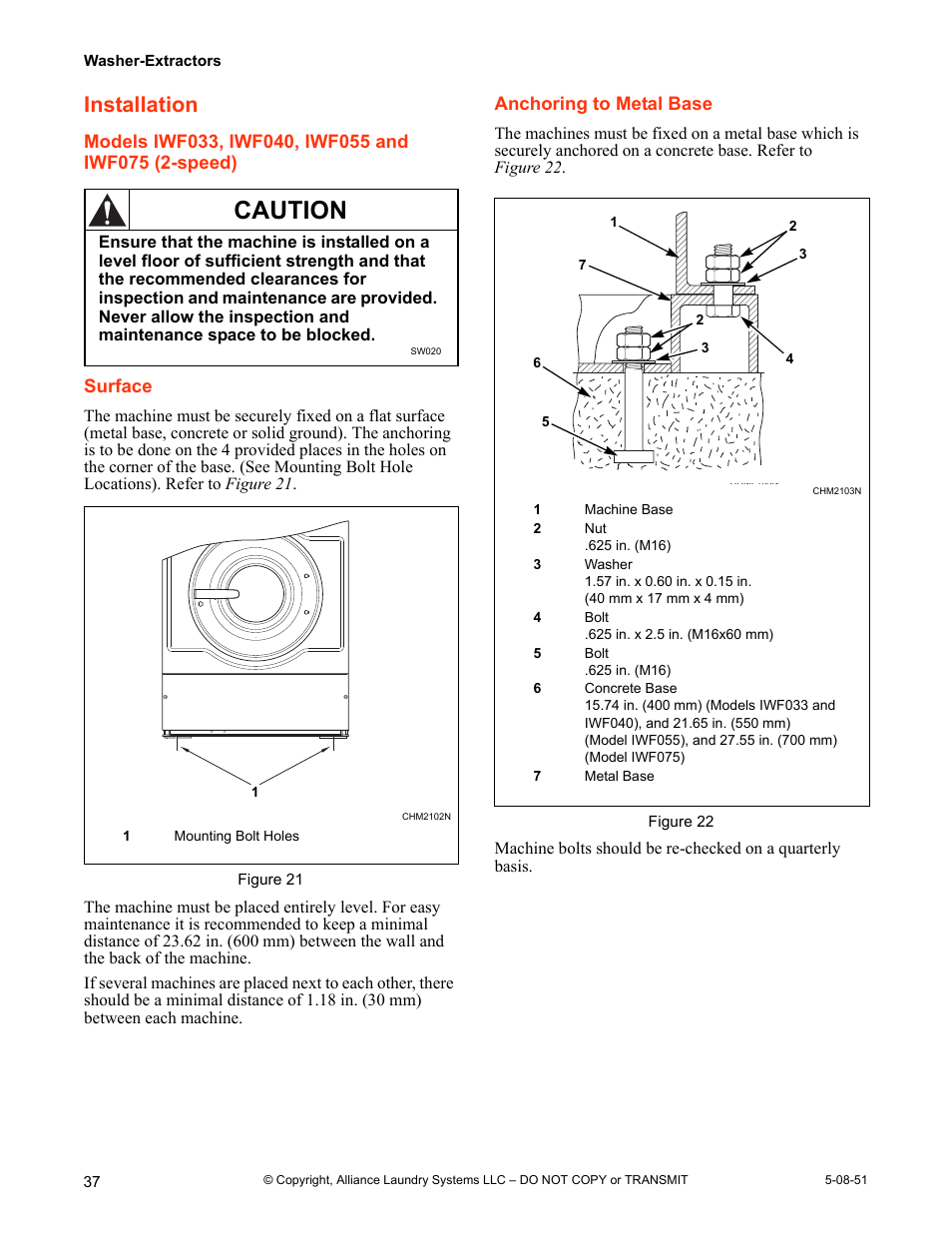 Installation, Models iwf033, iwf040, iwf055 and iwf075, Speed) | Caution | IPSO CHM2097N User Manual | Page 38 / 75