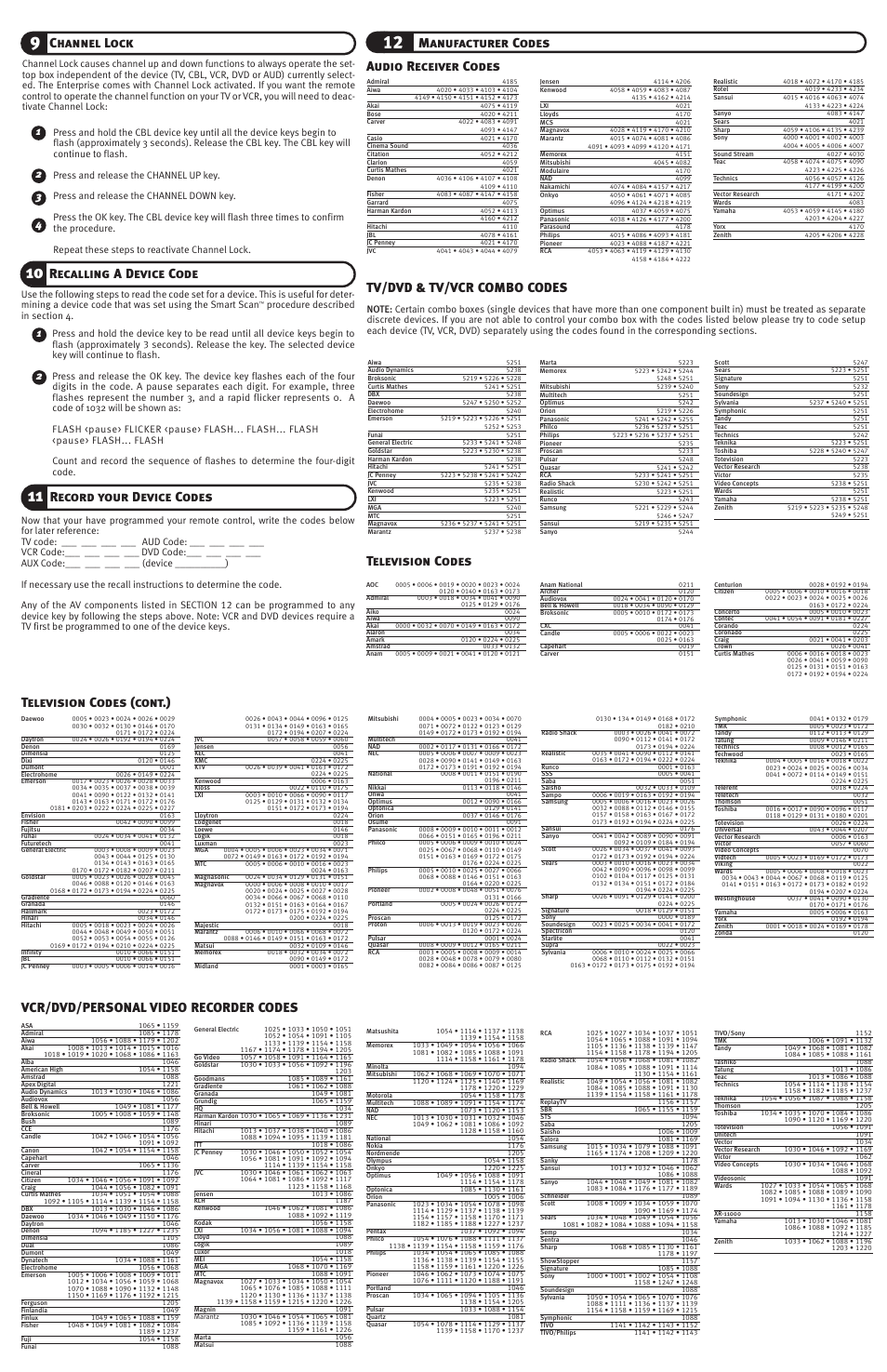 Manufacturer codes, Channel lock, Recalling a device code | ICX Global ENT 6412 User Manual | Page 2 / 2