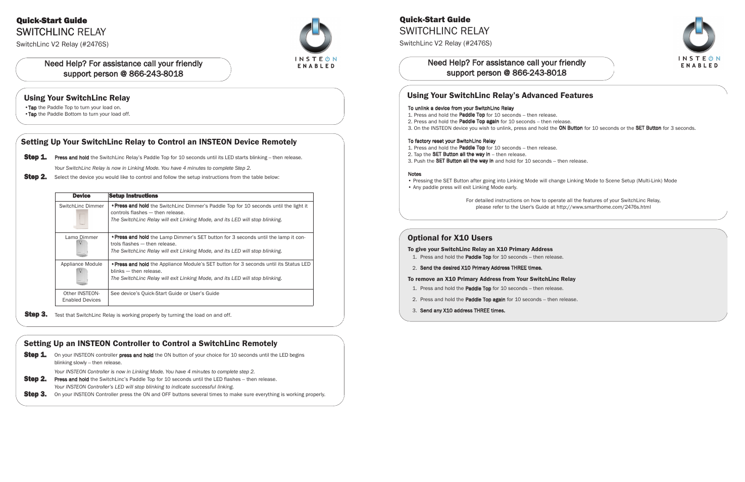 Switchlinc relay, Switchlinc, Quick-start guide | Using your switchlinc relay | INSTEON SWITCHLINC 2476S User Manual | Page 2 / 2