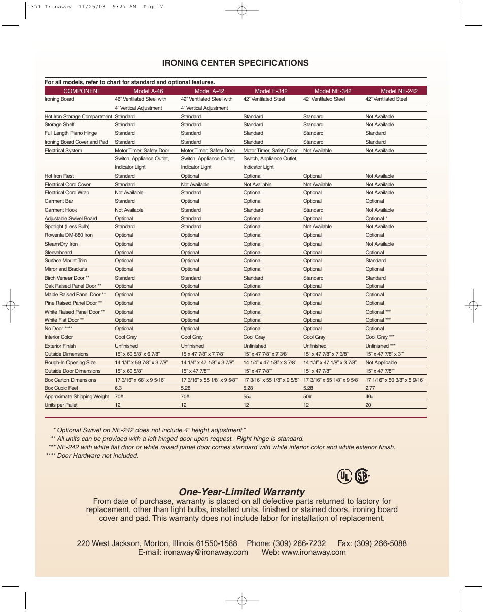 One-year-limited warranty, Ironing center specifications | Iron-A-Way A-46 User Manual | Page 7 / 8