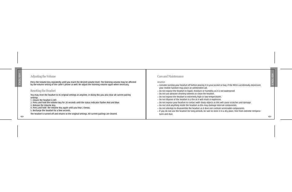 Adjusting the volume, Resetting the headset, Care and maintenance | i. Tech Dynamic Clip V User Manual | Page 9 / 12