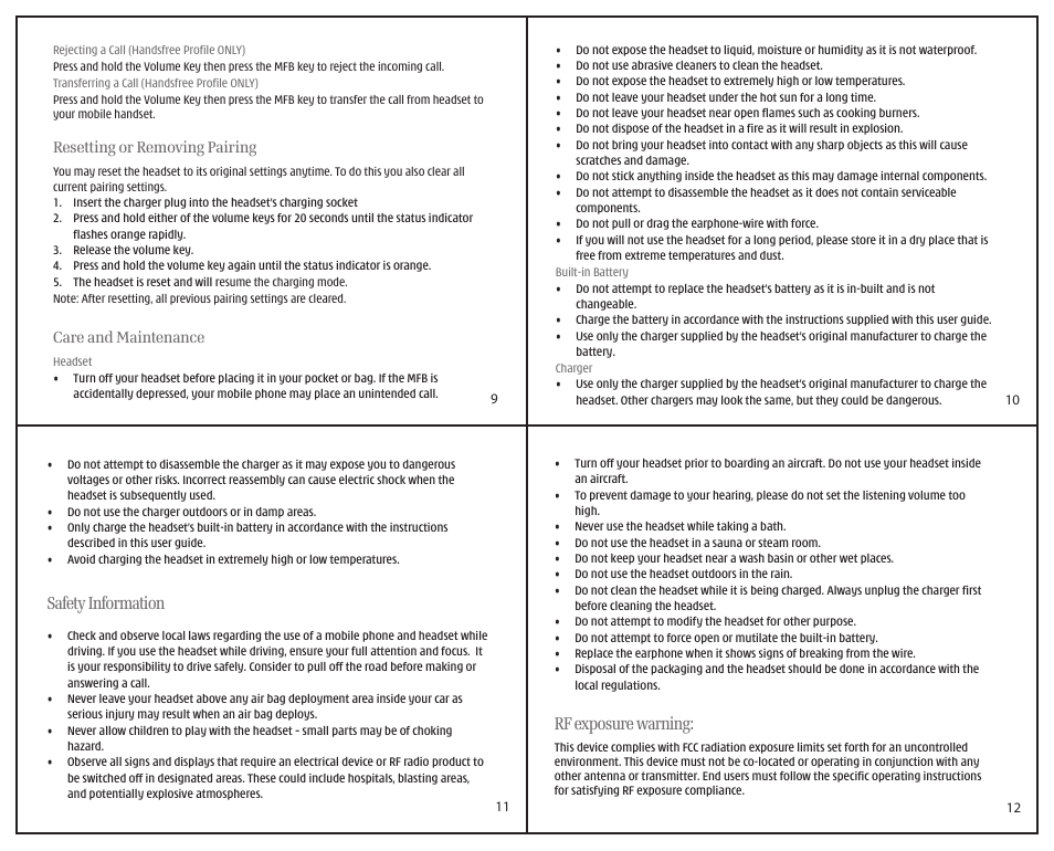 Rf exposure warning, Safety information, Resetting or removing pairing | Care and maintenance | i. Tech Dynamic Arrow Lite User Manual | Page 3 / 4