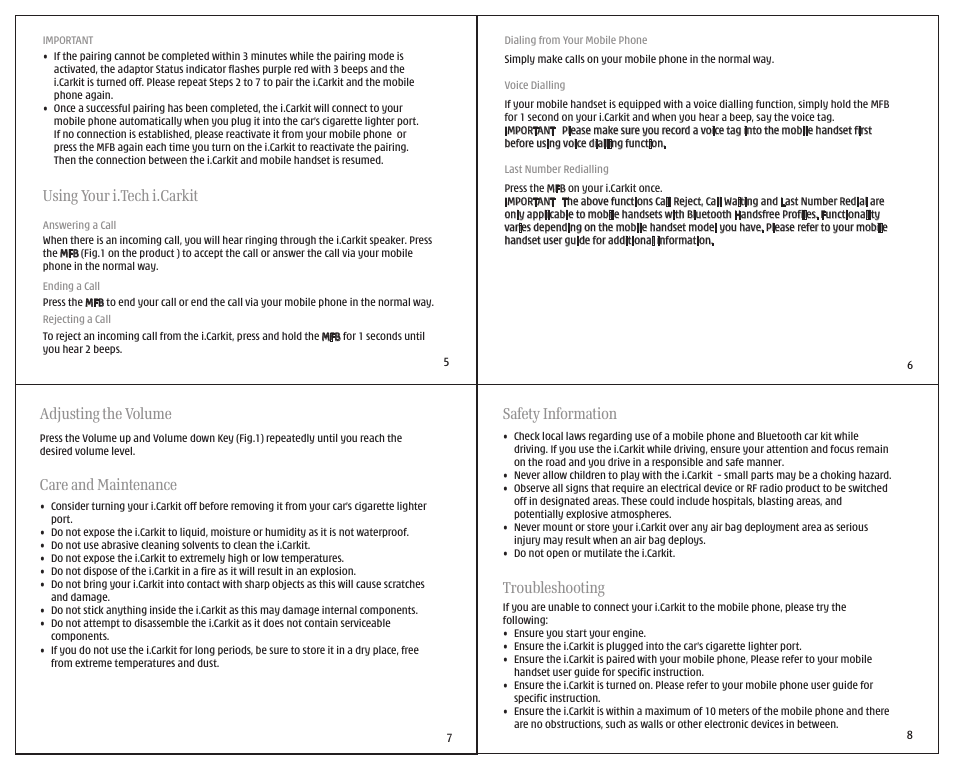 Using your i.tech i.carkit, Adjusting the volume care and maintenance, Safety information troubleshooting | i. Tech Dynamic i.Tech i. Car Kit User Manual | Page 2 / 3