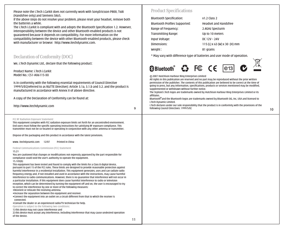 Declaration of conformity (doc), Product specifications | i. Tech Dynamic i.Tech i. Car Kit User Manual | Page 3 / 3