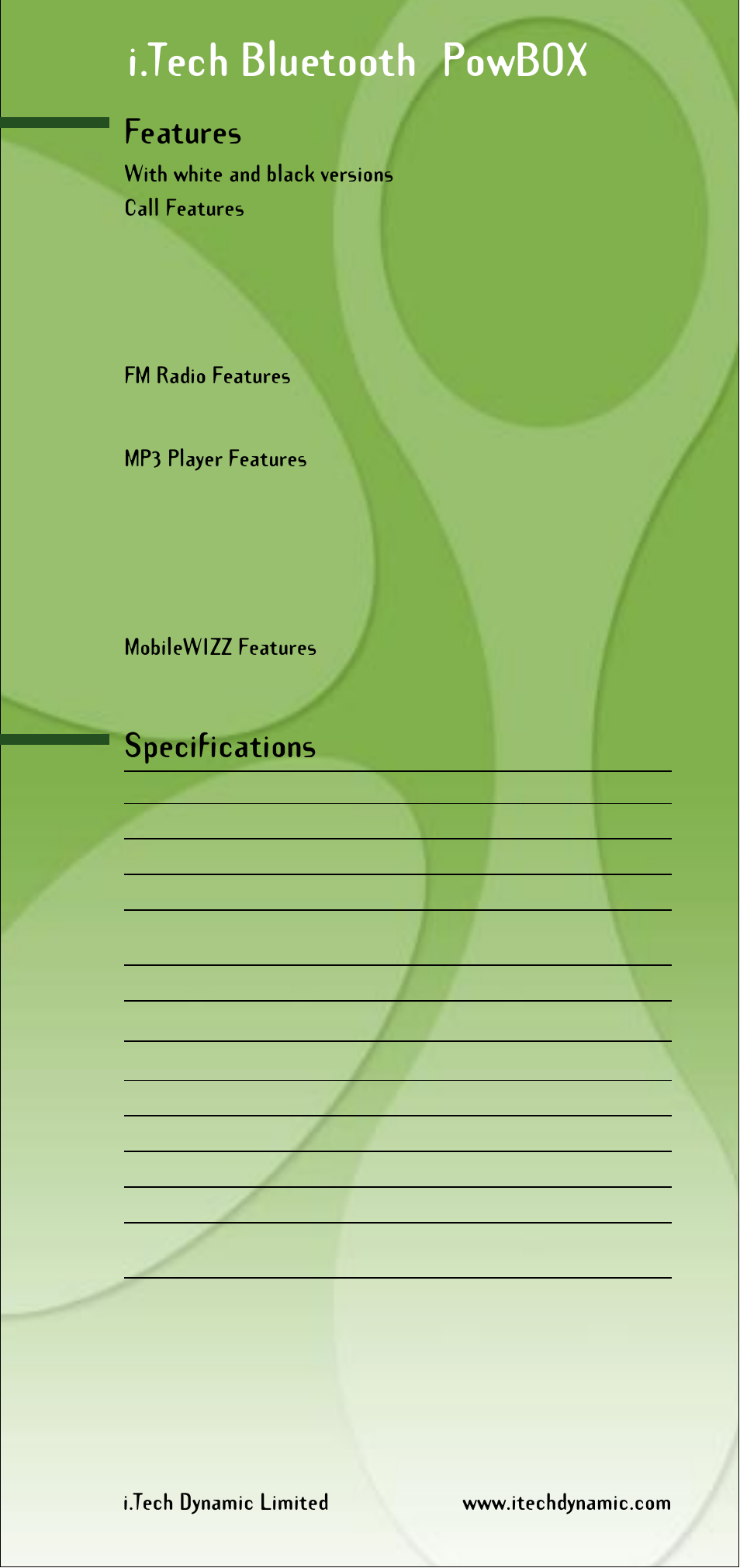 I.tech bluetooth, Powbox, Features | Specifications | i. Tech Dynamic PowBOX MP3 Player User Manual | Page 2 / 2