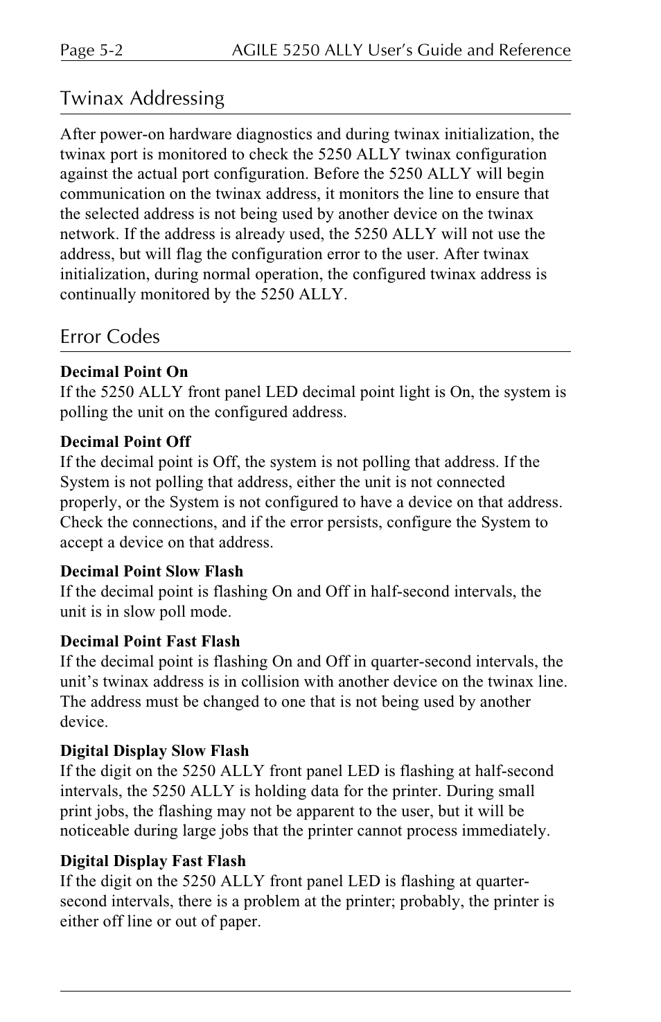 Twinax addressing, Error codes | I-Data 5250 ALLY User Manual | Page 124 / 240