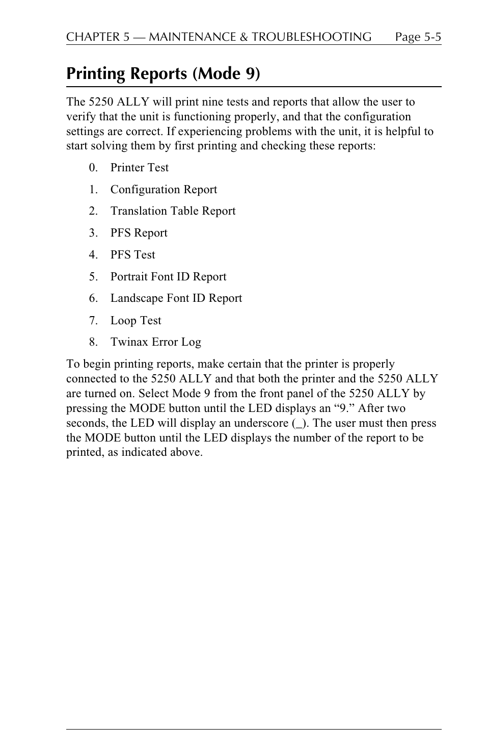 Printing reports (mode 9) | I-Data 5250 ALLY User Manual | Page 127 / 240