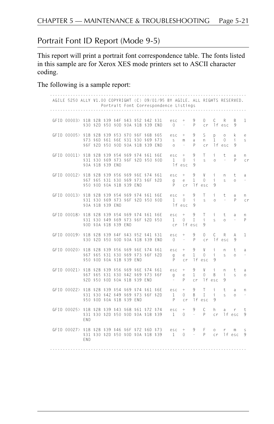 Portrait font id report (mode 9-5) | I-Data 5250 ALLY User Manual | Page 143 / 240