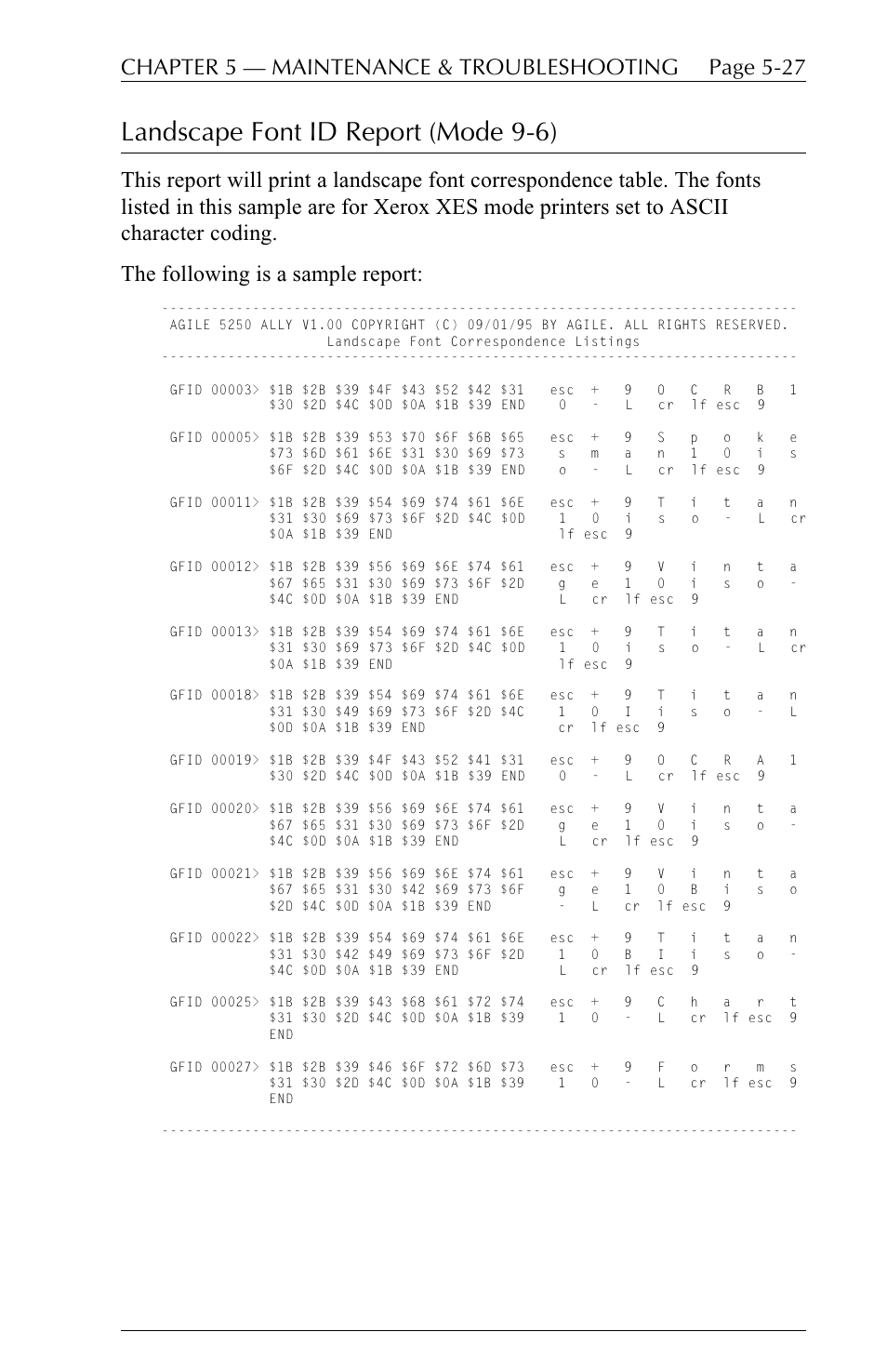 Landscape font id report (mode 9-6) | I-Data 5250 ALLY User Manual | Page 149 / 240