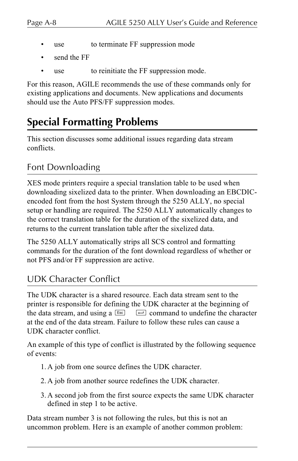 Special formatting problems, Font downloading, Udk character conflict | I-Data 5250 ALLY User Manual | Page 170 / 240