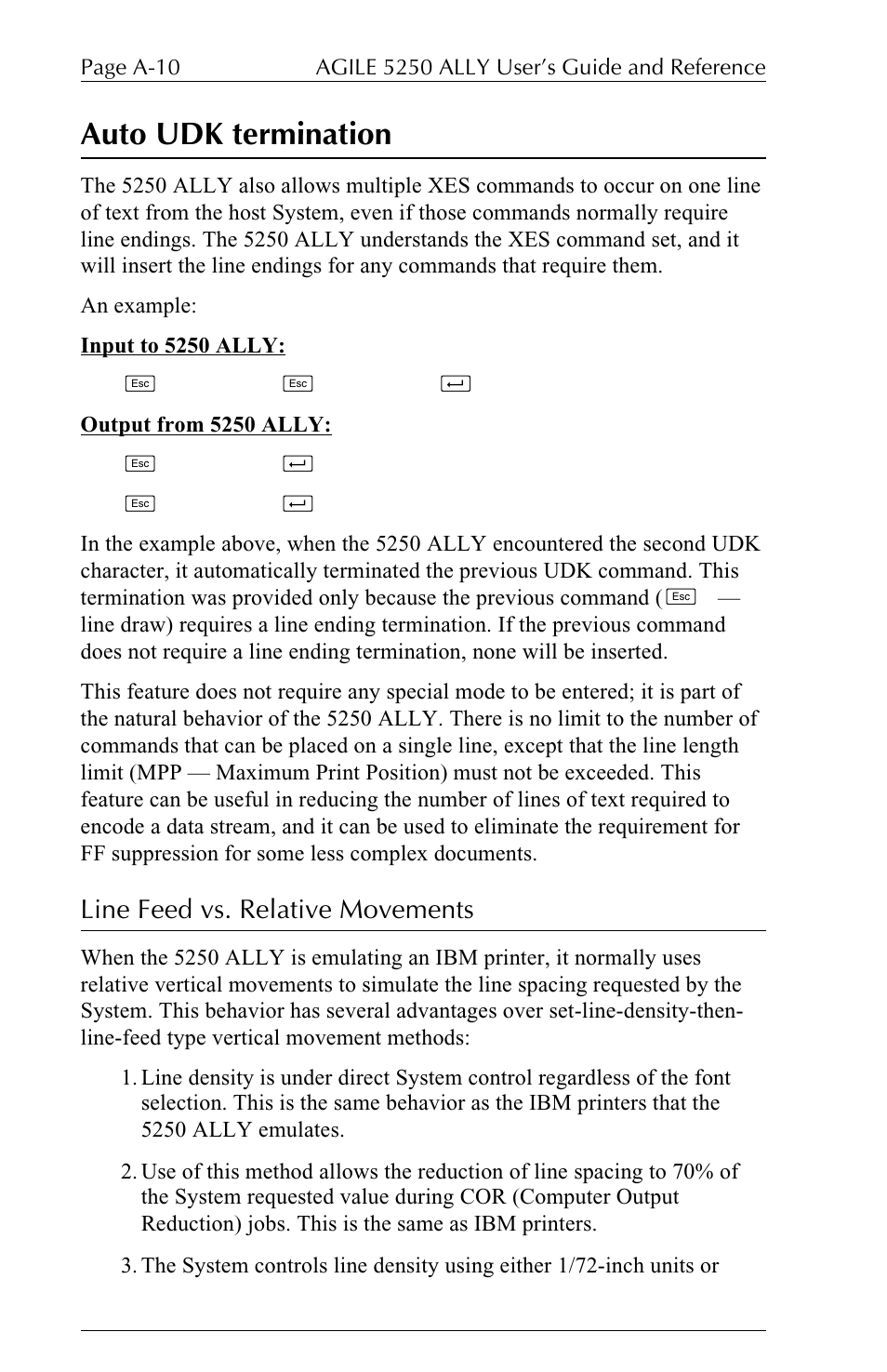 Auto udk termination, Line feed vs. relative movements | I-Data 5250 ALLY User Manual | Page 172 / 240