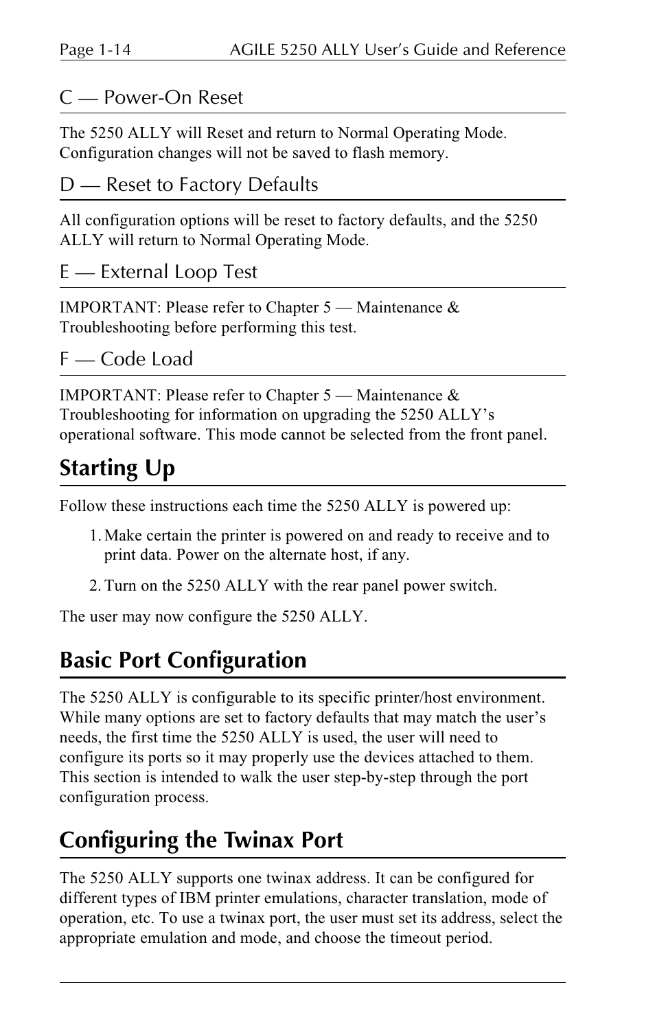 Starting up, Basic port configuration, Configuring the twinax port | I-Data 5250 ALLY User Manual | Page 36 / 240