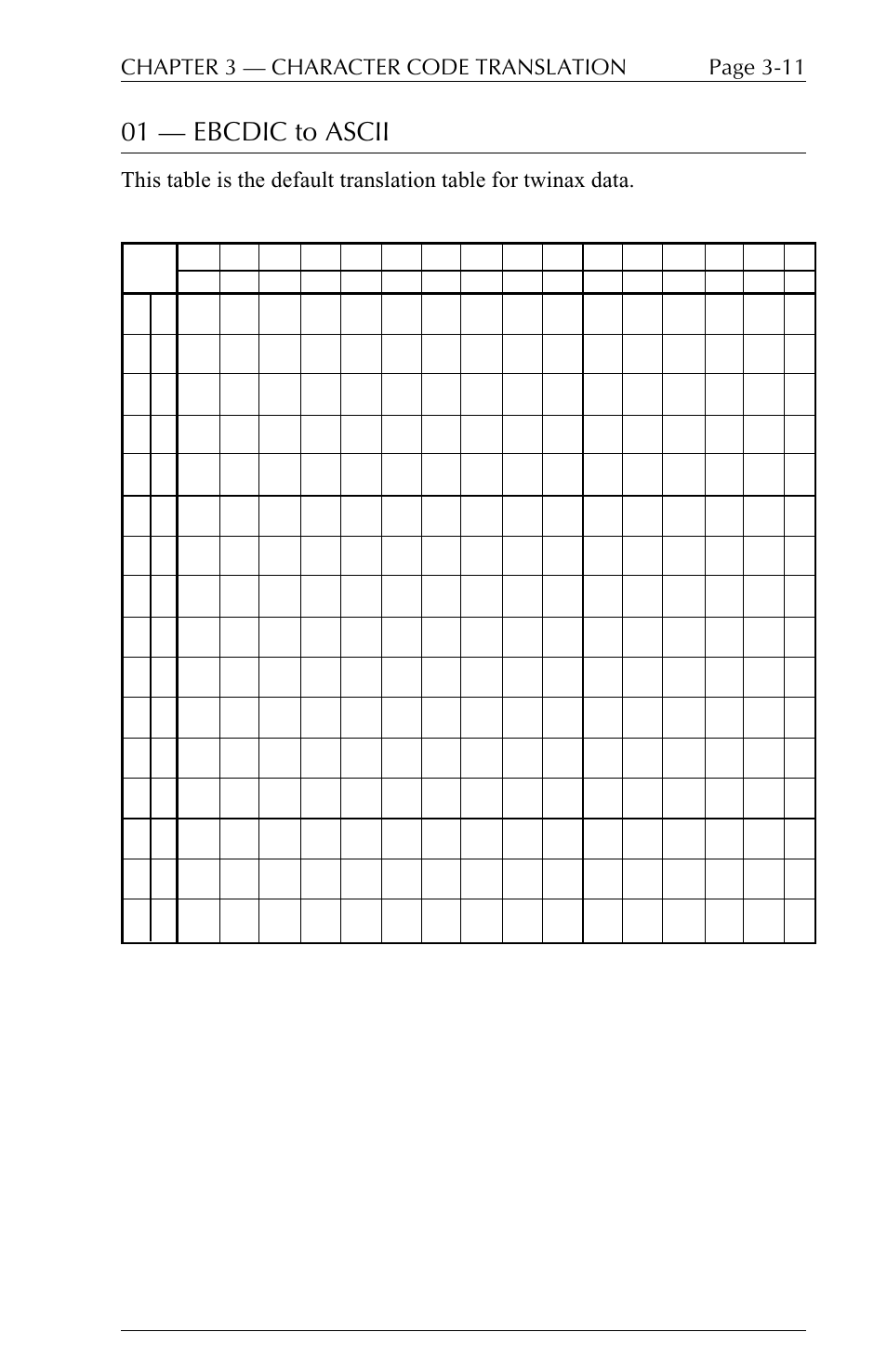 01  ebcdic to ascii, Page 3-11 chapter 3  character code translation | I-Data 5250 ALLY User Manual | Page 79 / 240