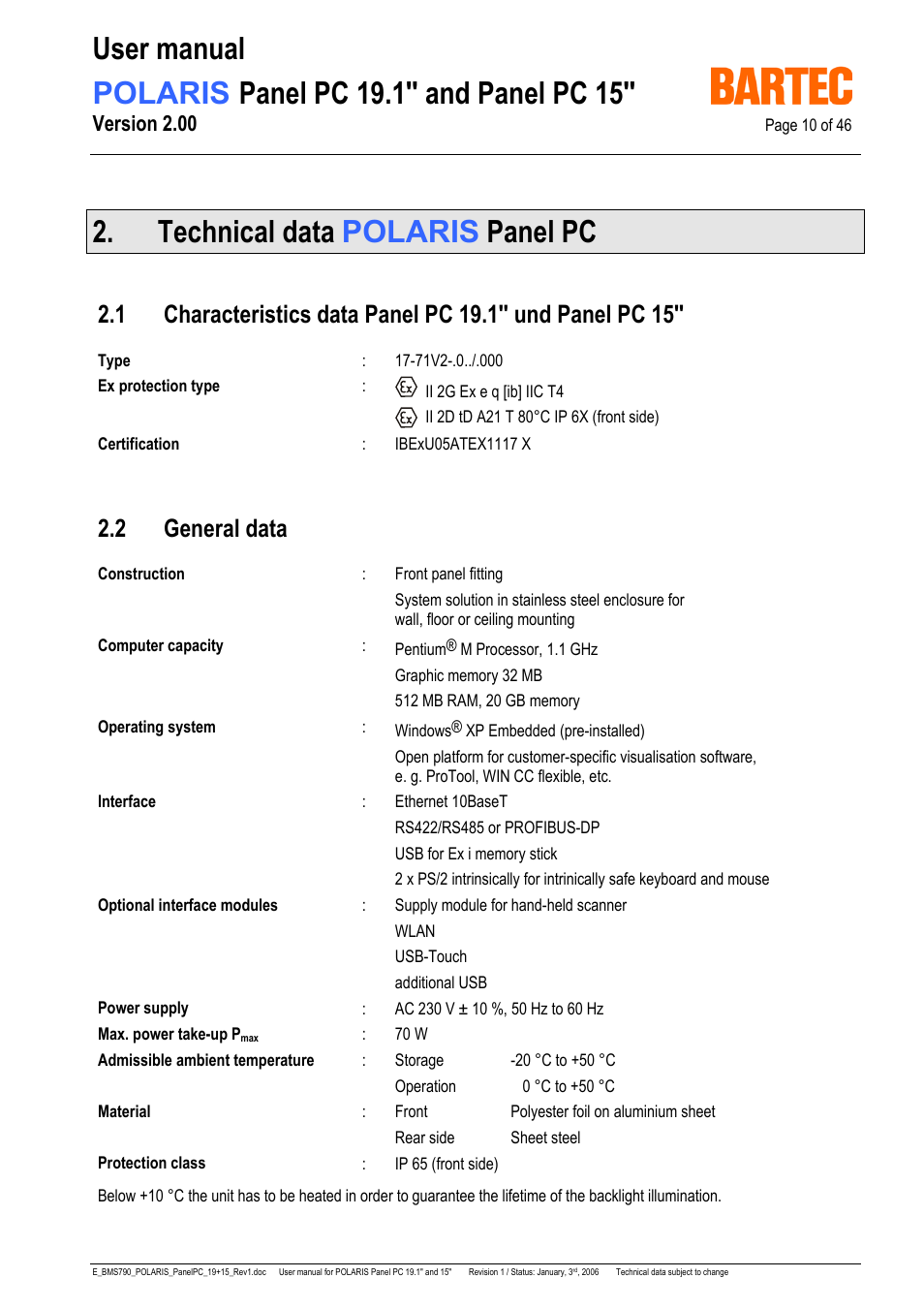 Technical data polaris panel pc, 2 general data, Version 2.00 | I-Data POLARIS Panel PC 19.1" User Manual | Page 10 / 46