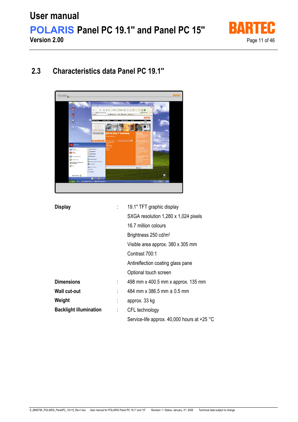 3 characteristics data panel pc 19.1, Version 2.00 | I-Data POLARIS Panel PC 19.1" User Manual | Page 11 / 46