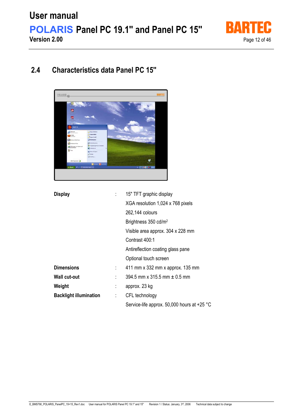 4 characteristics data panel pc 15, Version 2.00 | I-Data POLARIS Panel PC 19.1" User Manual | Page 12 / 46