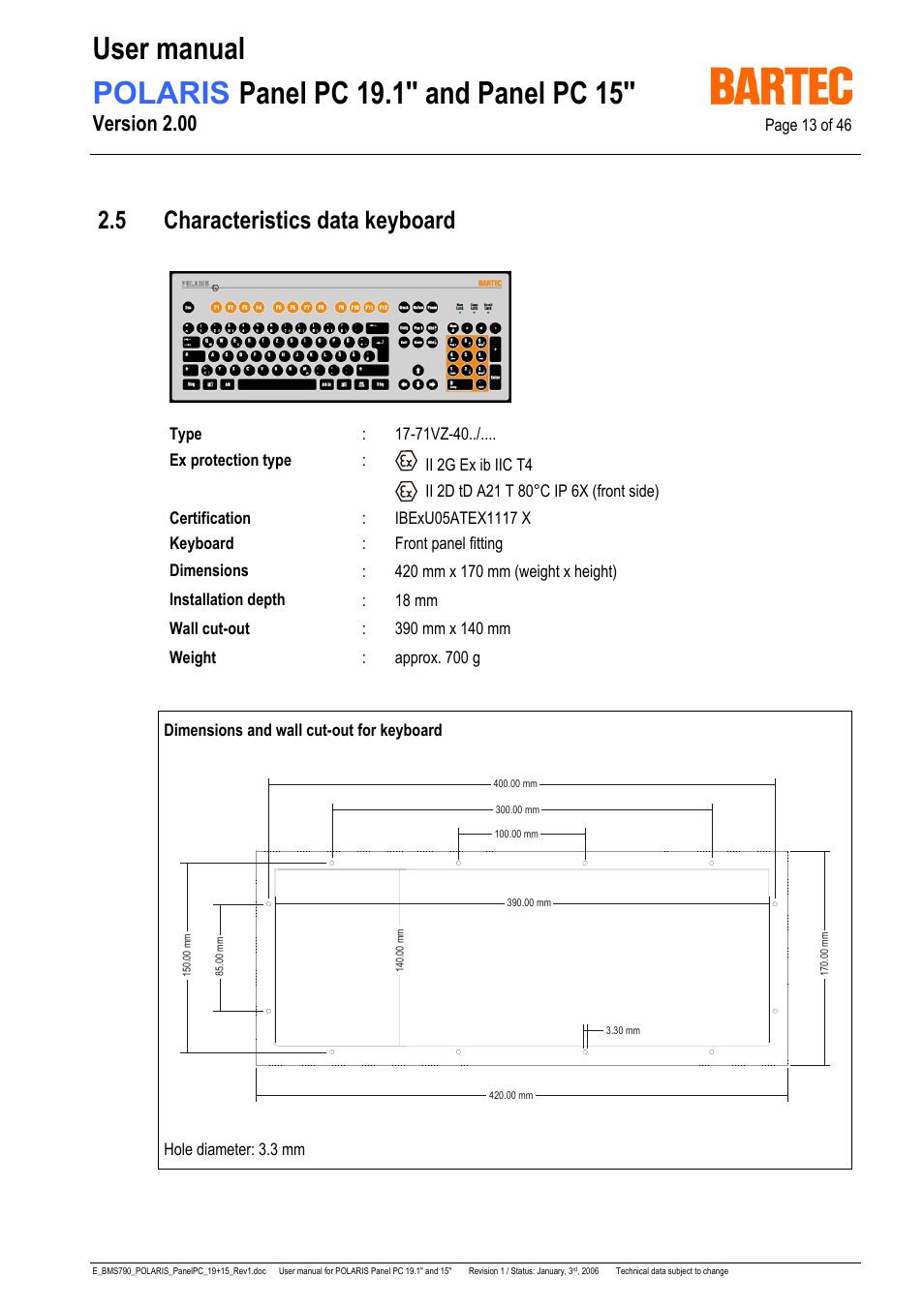 5 characteristics data keyboard, Version 2.00 | I-Data POLARIS Panel PC 19.1" User Manual | Page 13 / 46