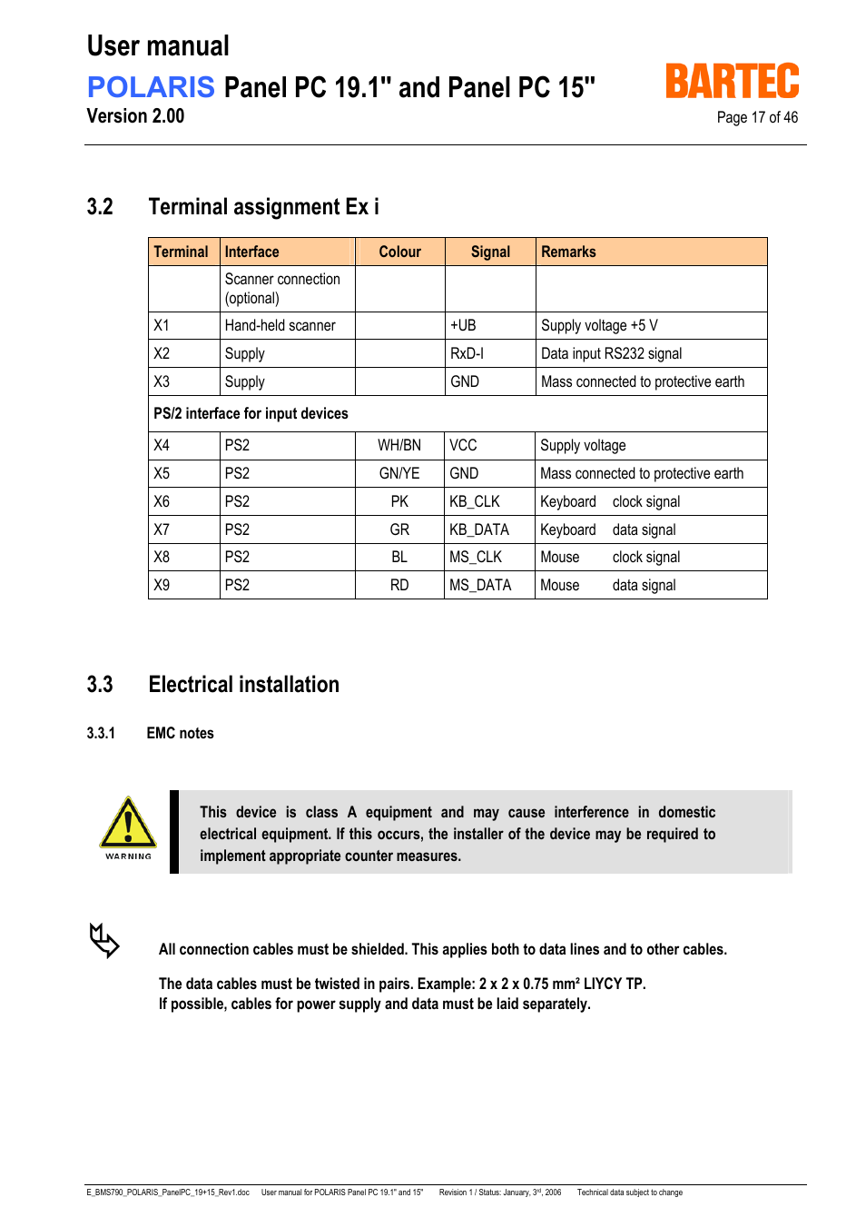 2 terminal assignment ex i, 3 electrical installation, Version 2.00 | I-Data POLARIS Panel PC 19.1" User Manual | Page 17 / 46