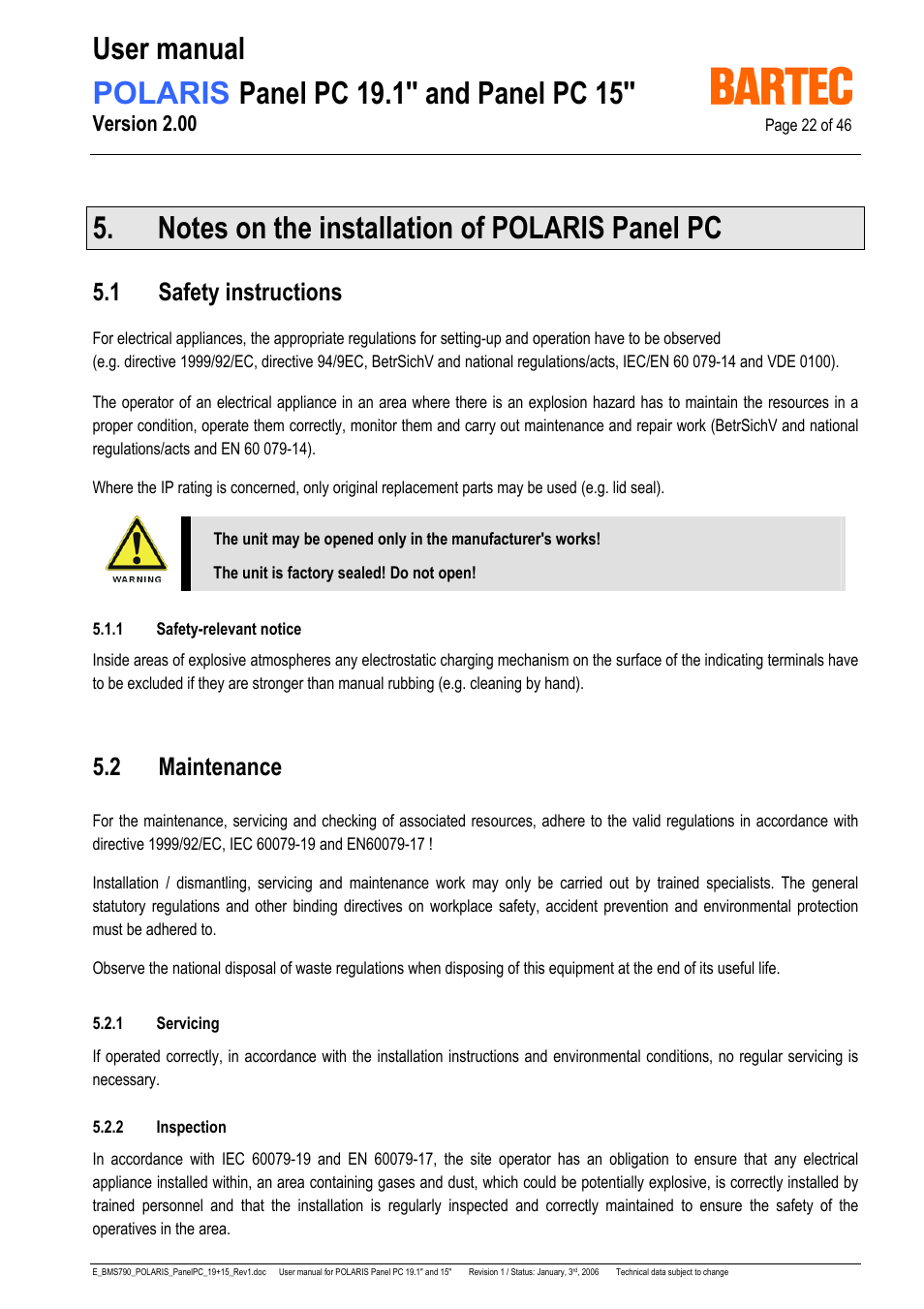 1 safety instructions, 2 maintenance, Version 2.00 | I-Data POLARIS Panel PC 19.1" User Manual | Page 22 / 46