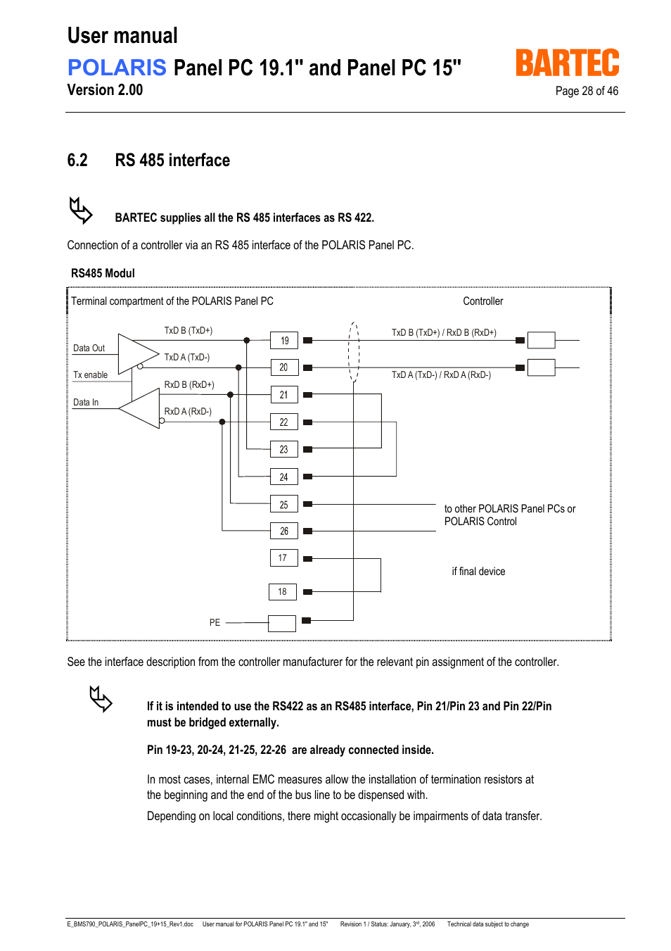2 rs 485 interface, Version 2.00 | I-Data POLARIS Panel PC 19.1" User Manual | Page 28 / 46