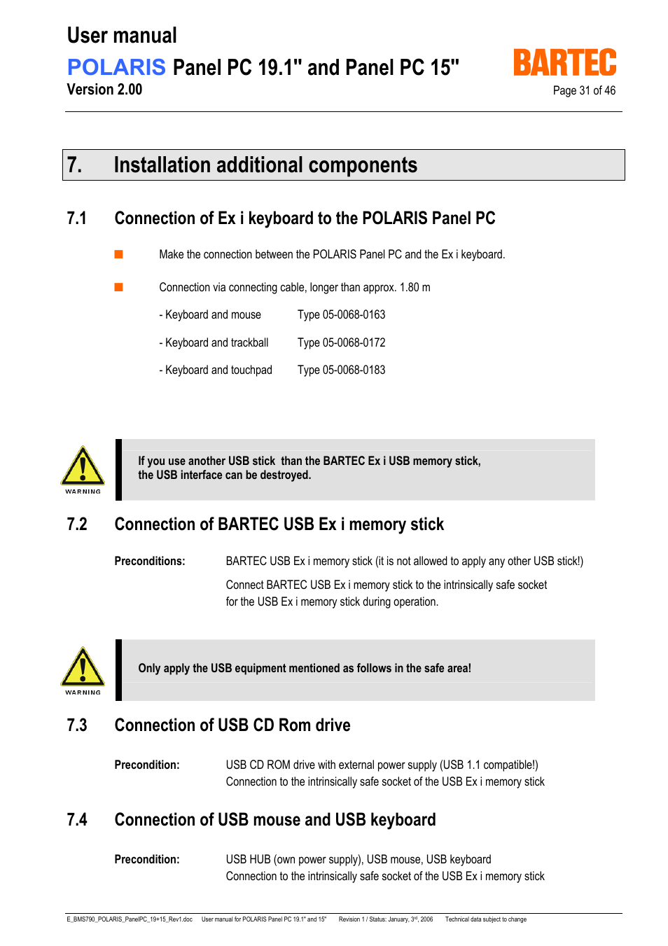 Installation additional components, 3 connection of usb cd rom drive, 4 connection of usb mouse and usb keyboard | Version 2.00 | I-Data POLARIS Panel PC 19.1" User Manual | Page 31 / 46