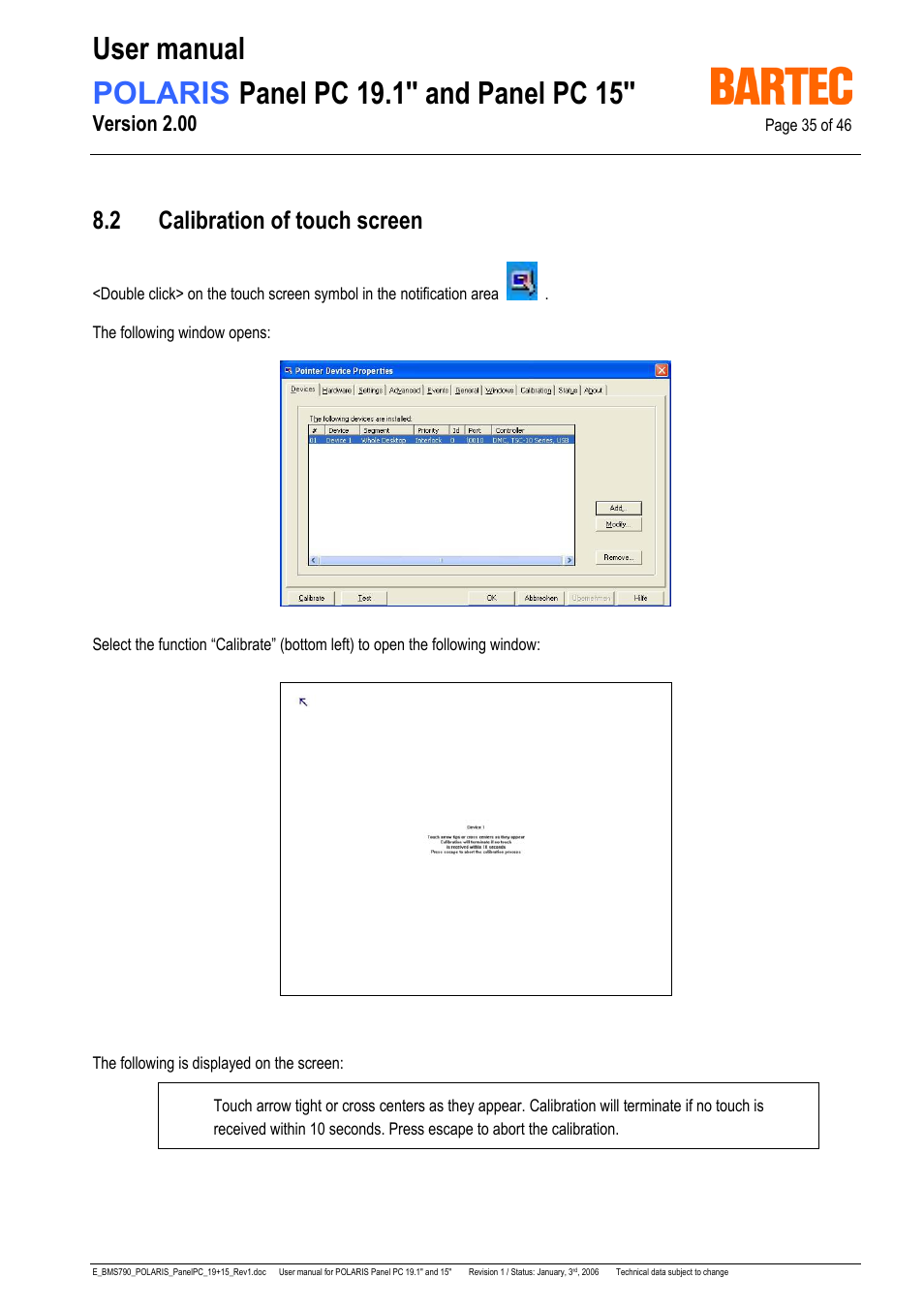 2 calibration of touch screen, Version 2.00 | I-Data POLARIS Panel PC 19.1" User Manual | Page 35 / 46