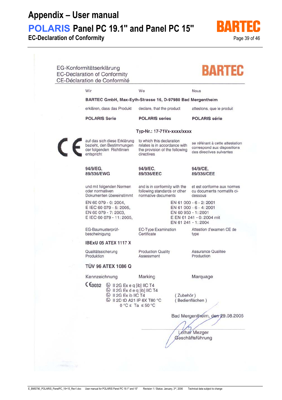 Ec-declaration of conformity | I-Data POLARIS Panel PC 19.1" User Manual | Page 39 / 46