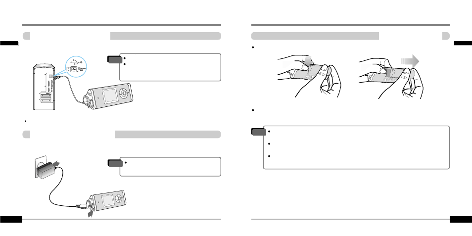 About power supply, Battery detach/attach, Charging by using usb cable | Charging by using ac adapter | iRiver IFP-1000 User Manual | Page 5 / 44