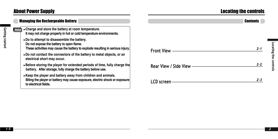 Locating the controls, Front view rear view / side view lcd screen, About power supply | iRiver IFP-900 User Manual | Page 7 / 46