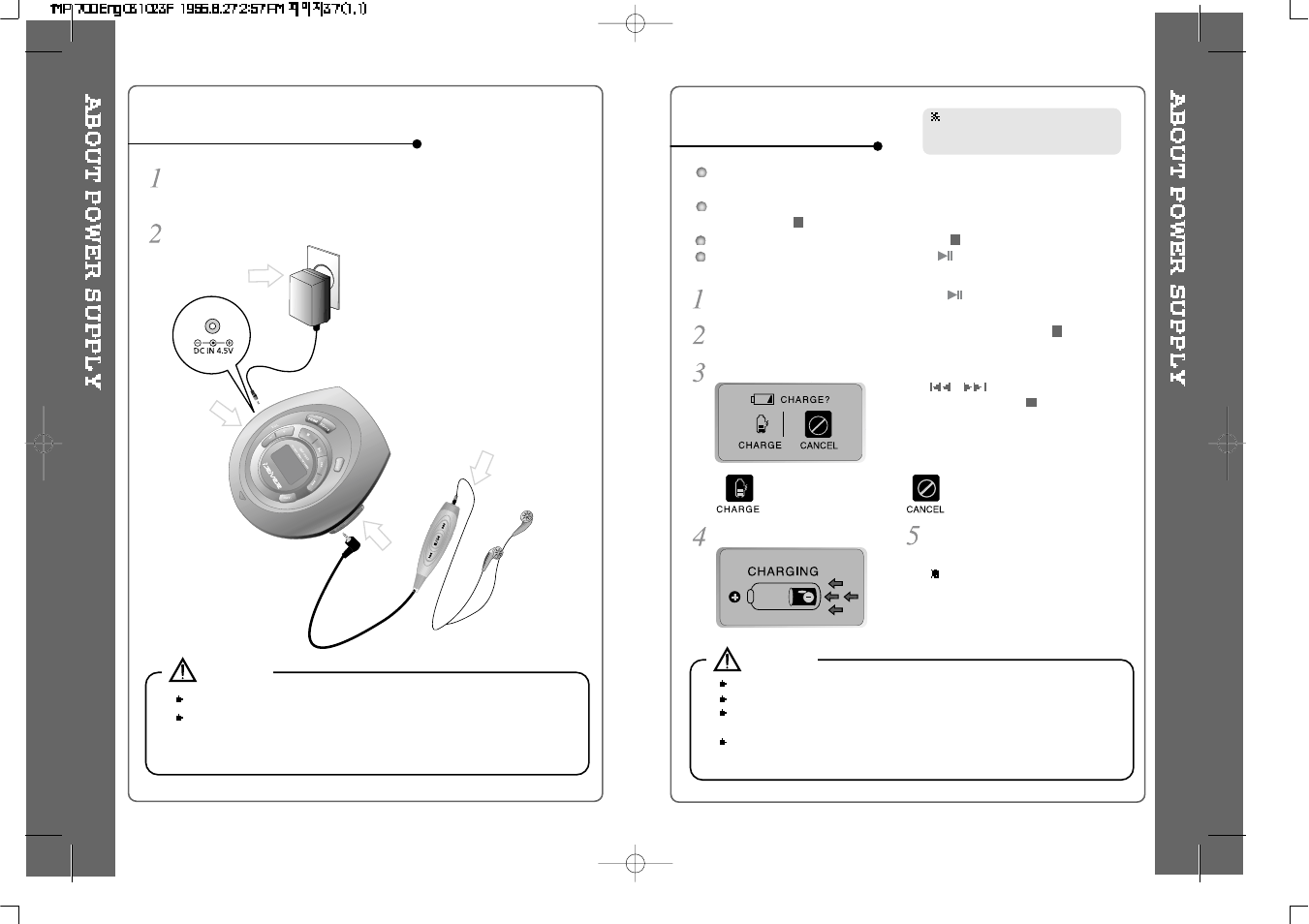 Using ac power adapter, Recharging method | iRiver iMP-700 User Manual | Page 19 / 28